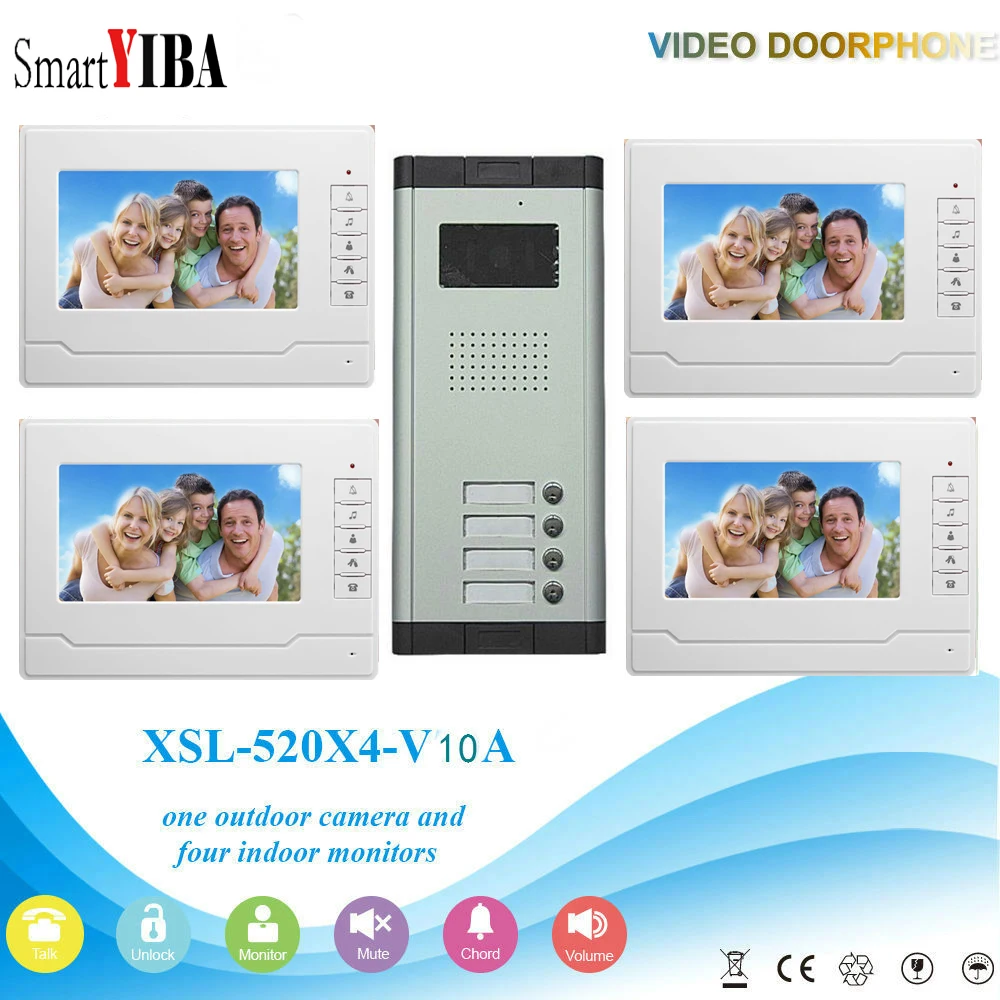 

SmartYIBA 7" TFT Color Display Press Key Video Door Phone Intercom Doorbell Home Security Support Remote Unlock for 4 Apartment