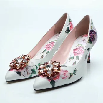 

sapato feminino 2018 Shoes Woman Leather Crystal Pumps High Thin Heels Pointed Toes printing Pumps Woman zapatos de mujer