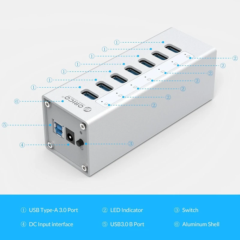 Высокоскоростной Алюминиевый Концентратор ORICO USB 3 0 с 7 портами usb порт 5 Гбит/с