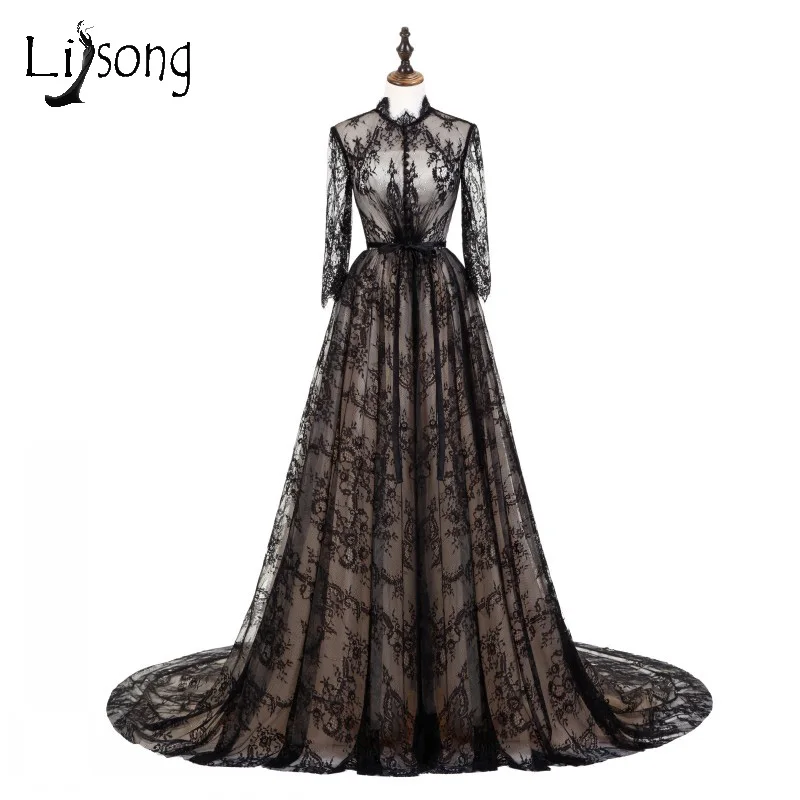 Middle East Black Lace Long Prom Dresses 2018 With Full Sleeves High Middle East Black Lace Long Prom Dresses 2018 With Full Sleeves High Collar On Sash Gowns A Line Vintage Formal Dress
