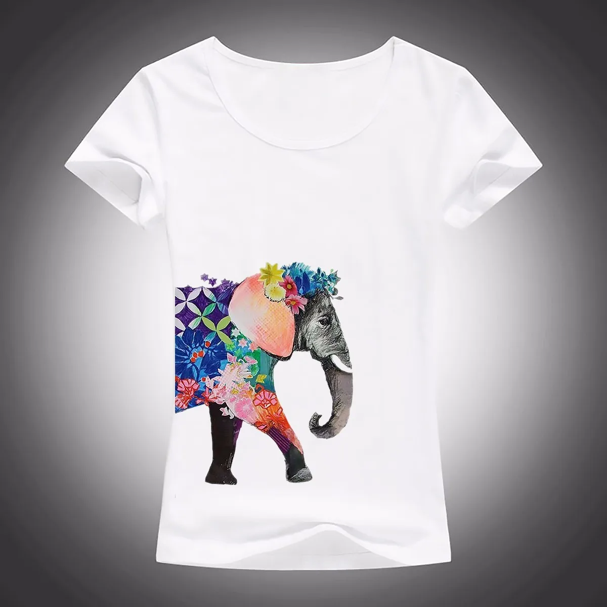 elephant is covered with flowers T Shirt Women Short Sleeve o neck t