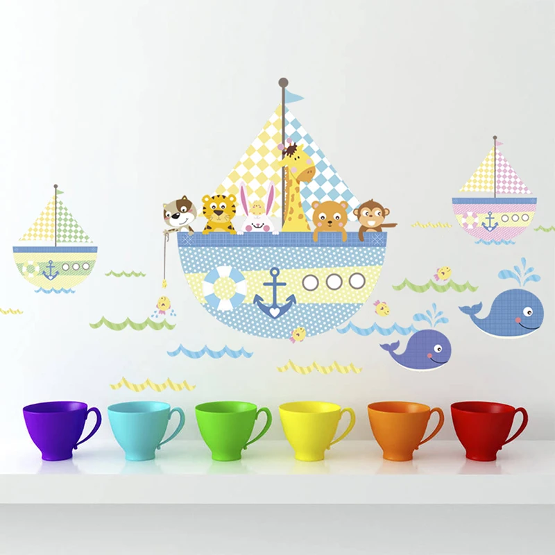 

Cartoon Animals Tiger Bear Rabbit Boat Fish Wall Stickers For Kids Nursery Children Bedroom Decor Mural Wall Art Home PVC Decals