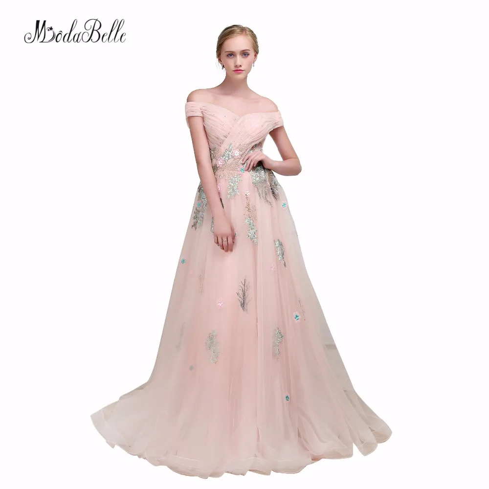 

modabelle Blush Pink Prom Dresses 2017 Fairy Off Shoulder Floral Flower Prom Gowns Pattern Applique Formal Evening Dresses Long