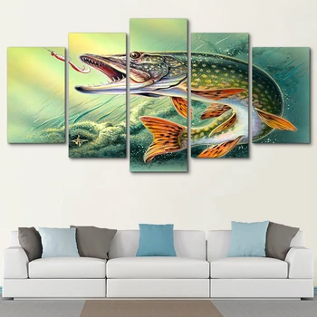 

5 Piece Canvas Art Fishing Hooked Pike Fish Canvas Painting Wall Pictures For Living Room Home Decor Poster And Prints