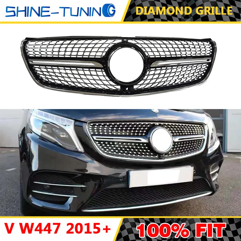 

For V Class W447 Diamond Grille GT grille Black Chrome for V260 V250 AMG Line Front Bumper Racing Grill 2015-2018