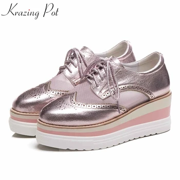 

Krazing pot special high quality cow leather air mesh summer sunshine round toe female princess thick bottom brand pumps l1f6