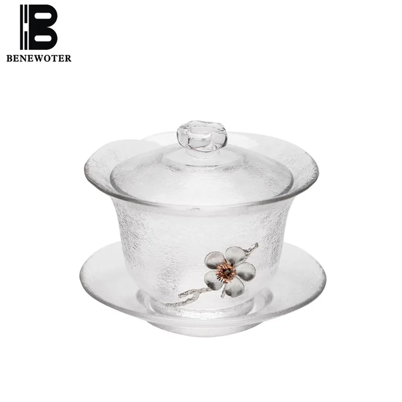 Thicken Heat Resistant Glass Gaiwan Creative Tin Plum Flower Tea Tureen Transparent Kung Fu Set Office Cup Bowl | Дом и сад