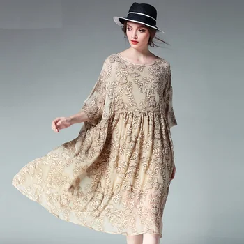 

4XL women silk dress summer2017 european woman plus size spring autumn beach casual knee length embroidery silk party dresses