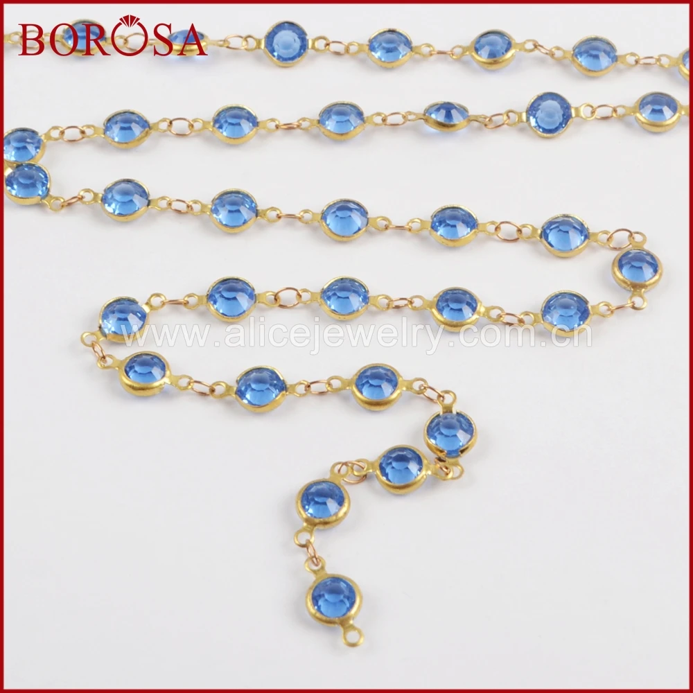 

BOROSA Gold Color 7mm Light Blue Crystal Druzy Crystal Faceted Coin Rosary Chains for Necklace Drusy Beaded Chains JT189