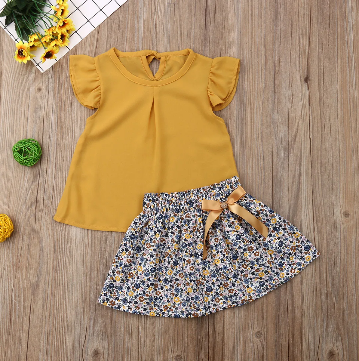 Летняя одежда для маленьких девочек топы с оборками и рукавами-крылышками юбка-пачка с цветочным принтом комплекты одежды из 2 предметов - Цвет: Цвет: желтый