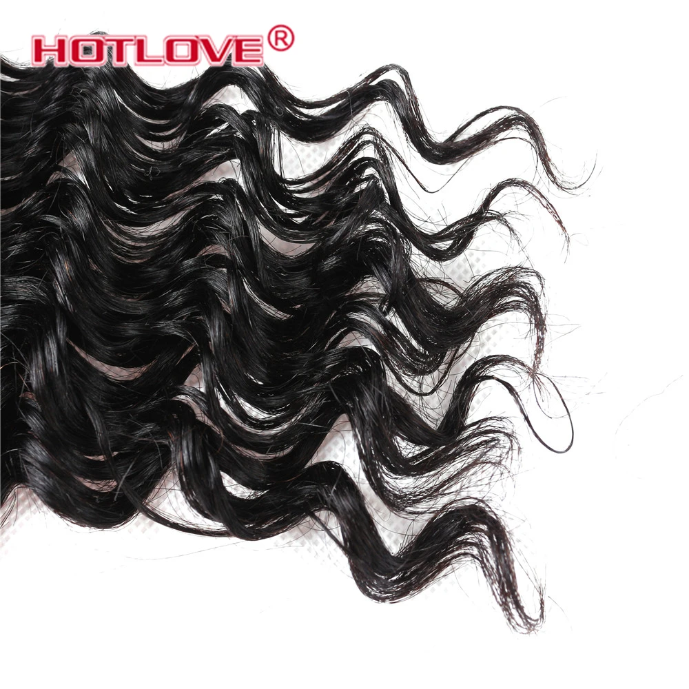 Hotlove Hair Deep Wave Bundles with Closure Free Middle 3 Wavy Part 4*4 Peruvian Hair Bundle with Closure Natural Black Non Remy
