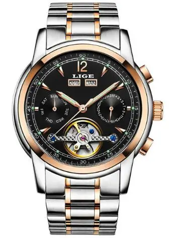 Gold black Relogio Masculino Мужские часы Роскошные Лидирующий бренд LIGE Tourbillon механические Спортивные часы мужские модные деловые мужские автоматические часы - Цвет: Gold black