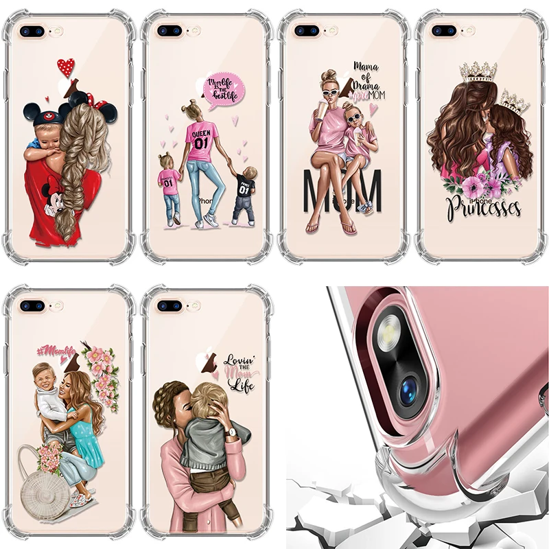 

Black Brown Hair Baby Mom Girl Cases FOR iphone XS Max XR X 10 5 5S SE Airbag Shockproof TPU Clear For iphone 7 8 6 6S Plus Case