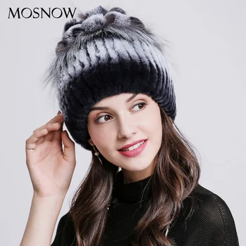

Skullies Beanies Brand Natural Rex Rabbit Fur Winter Hats For Women Design With Fox Fur 2019 Hat Female Caps For Girls