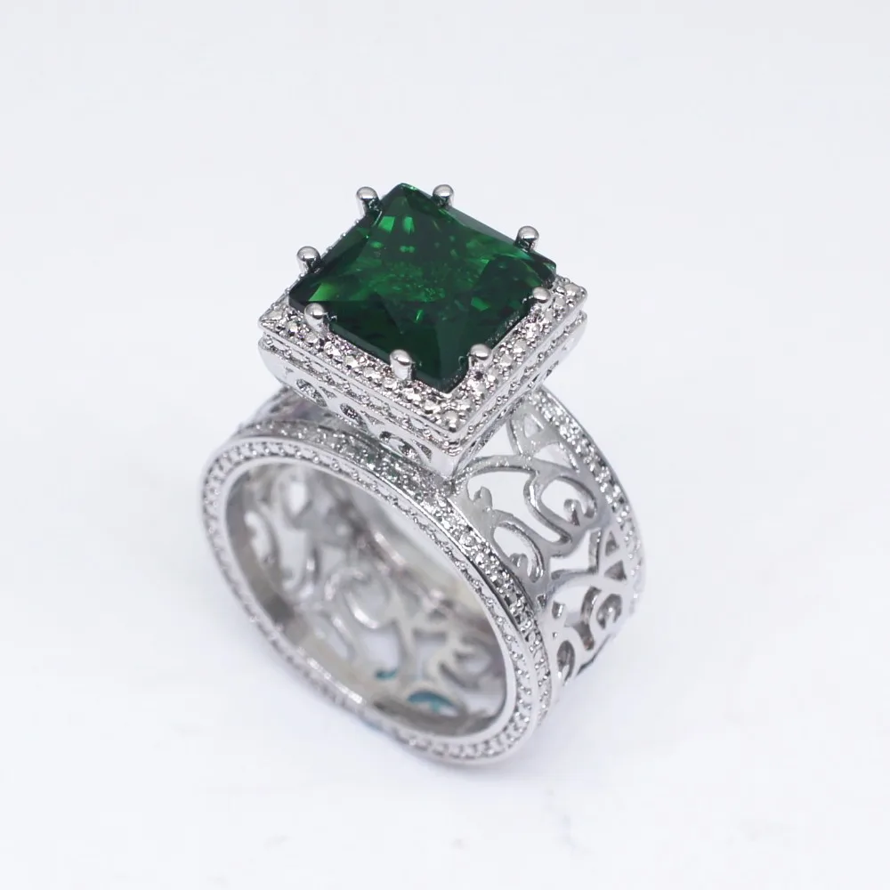 Big Crystal Green Stone Ring Male Female Silver Color Engagement Jewelry Vintage Party Wedding Rings For Women silver ring wedding rings finger rings womens ring jewelry rings ring jewelry
