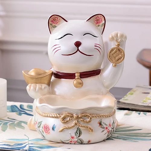 Смола Lucky cat украшения копилка кошка Статуэтка хранения пластины Фея садовые миниатюры фэншуй мини цифры дом - Цвет: white