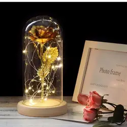 Горячая Красавица и Чудовище позолоченная красная роза со светодиодный подсветкой в стеклянном куполе для свадебной вечеринки подарок на