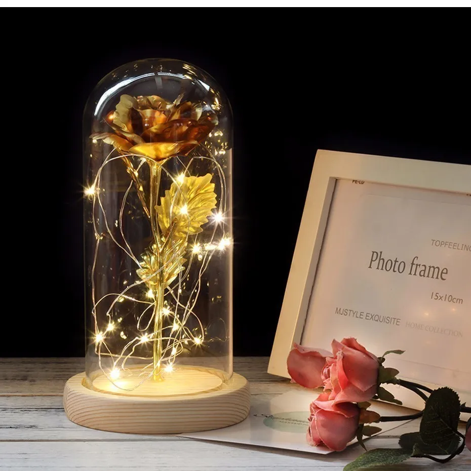 

HOT Beauty And The Beast Gold-plated Red Rose With LED Light In Glass Dome For Wedding Party Valentine's Day Christmas Day Gift
