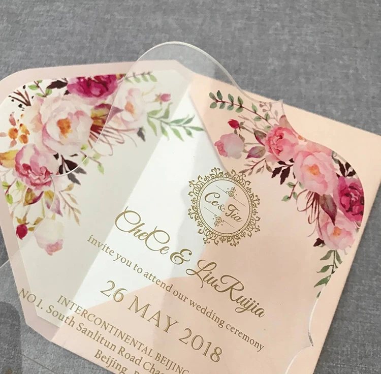  Floral acrylic wedding invitation customized fancy shape with envelope liner - 33017635995
