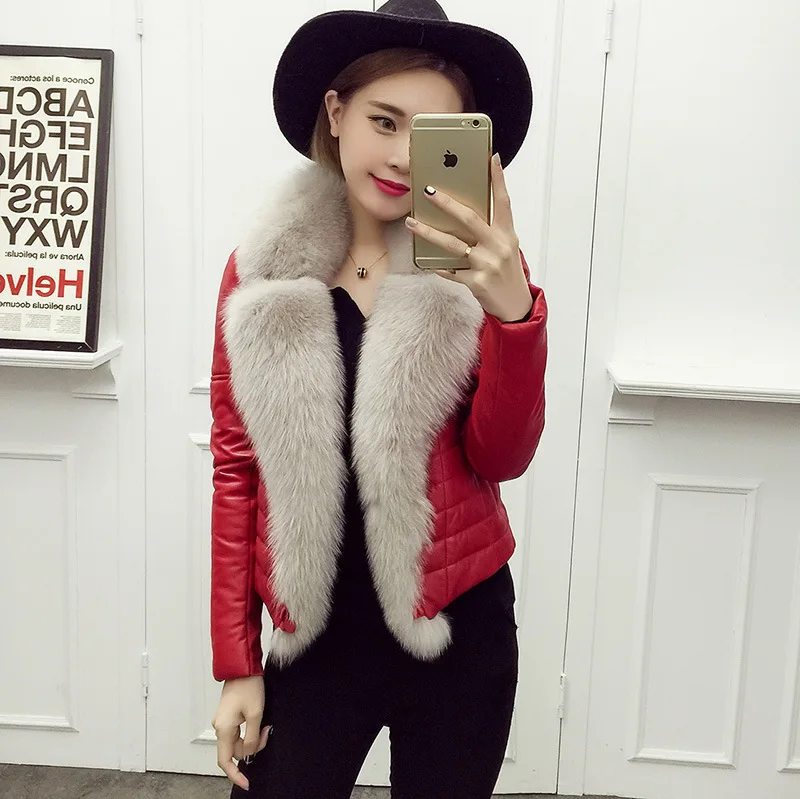 

2018 Real Fox Fur Collar Sheepskin Genuine Leather Short Down Parka Jacket Coat black red pink winter down parka women jacket