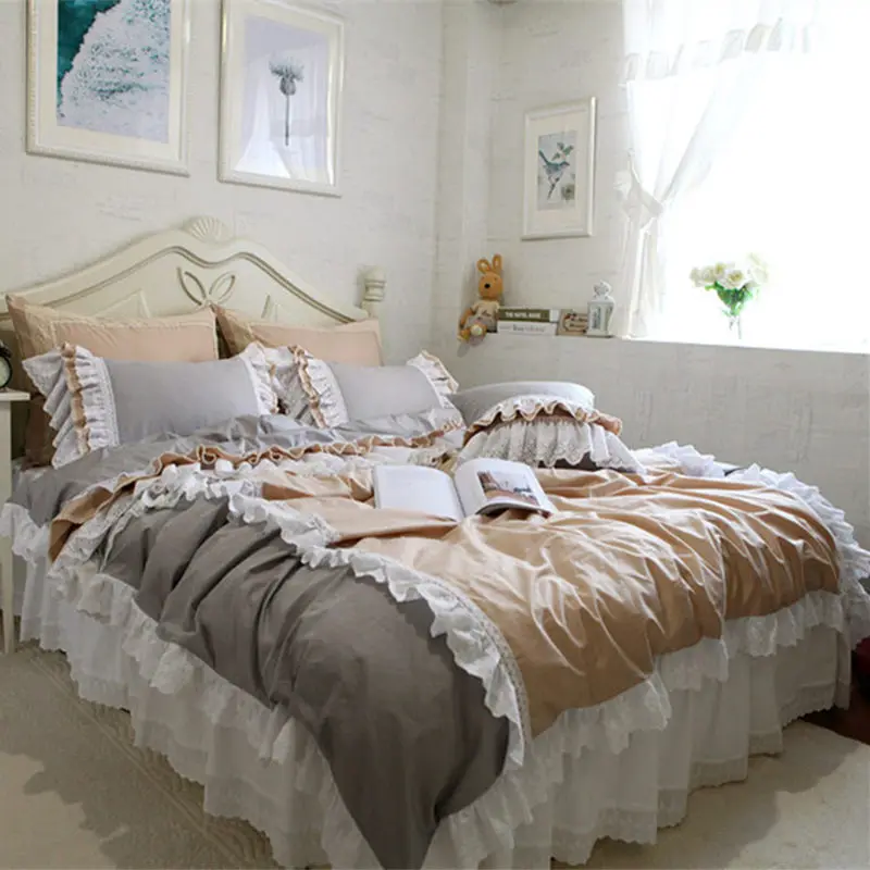 US $97.44 Top Luxury cake layers bedding set ruffle duvet cover lace bed skirt Embroidery European bedroom textile elegant pillowcase sale