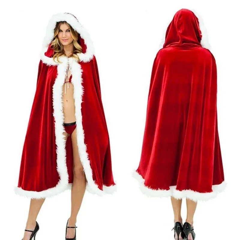 

Women Red Hooded Cape Christmas Costume For Adult Hooded Christmas Cloak 150CM Santa Claus Long Red Cloak Cape