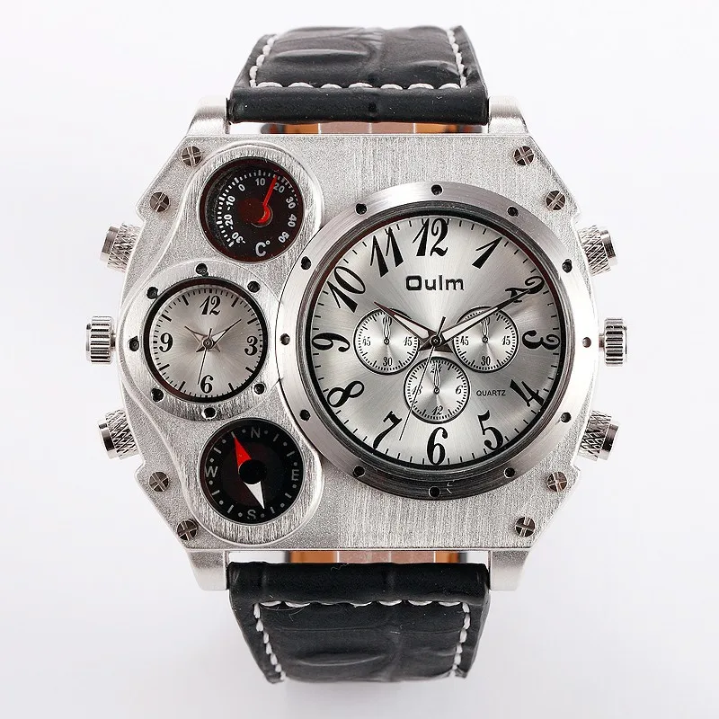 Oulm 1349 reloj hombre الرجال حركة مزدوجة رياضة العسكرية ووتش مع البوصلة ترمومتر ساعة الديكور الذكور relogio masculino