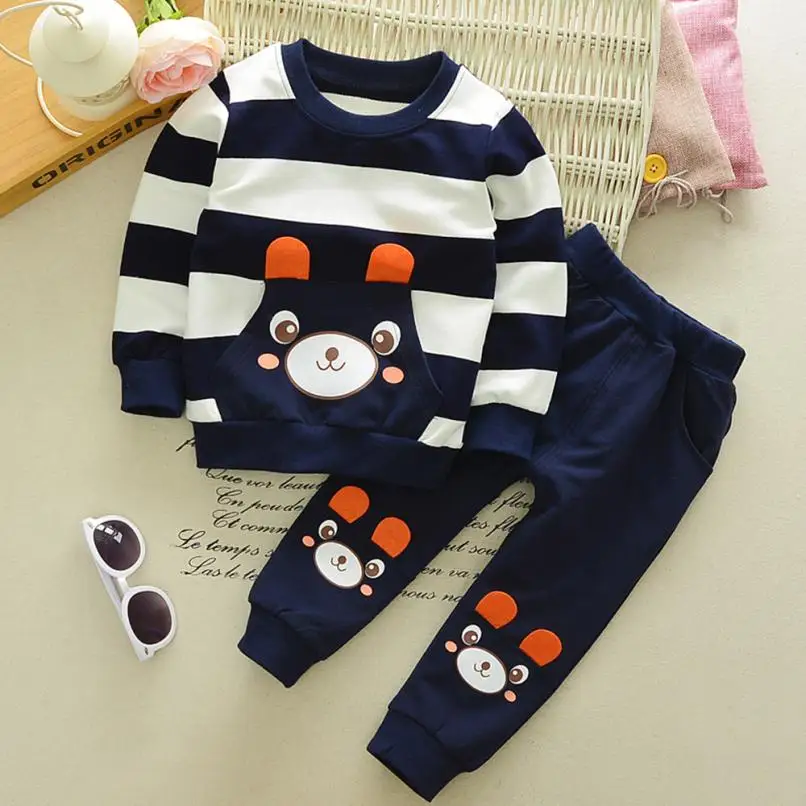 Осенне-зимний детский комплект одежды для маленьких мальчиков и девочек, полосатый топ с медведем+ штаны, комплекты милый стильный костюм для малышей бренд, 8 августа