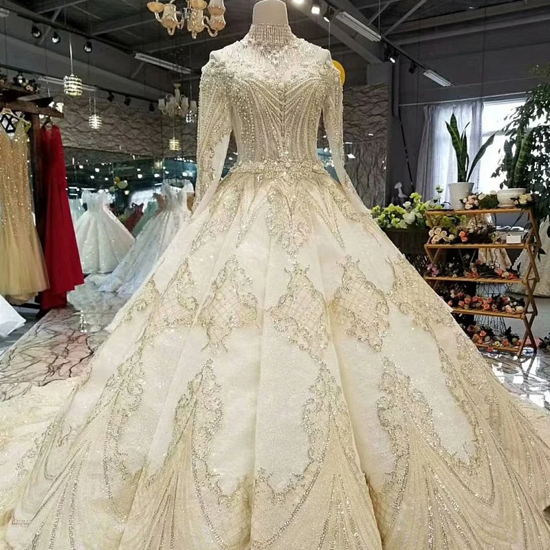 LS17233 королевские золотые кружевные свадебное платье с хрустальным ожерельем o шеи длинным рукавом невесты свадебные платья реальная цена фарфора оптом