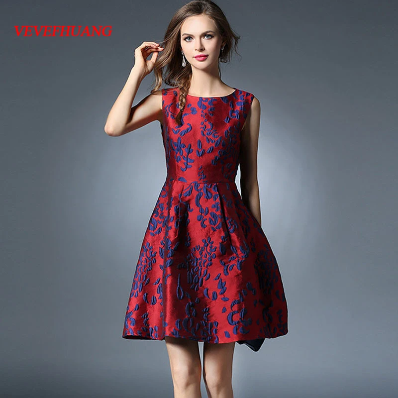 

Woman Sleeveless Basic Party Dress New Autumn Quality Jaquard Female Elegant A-Line Dress
