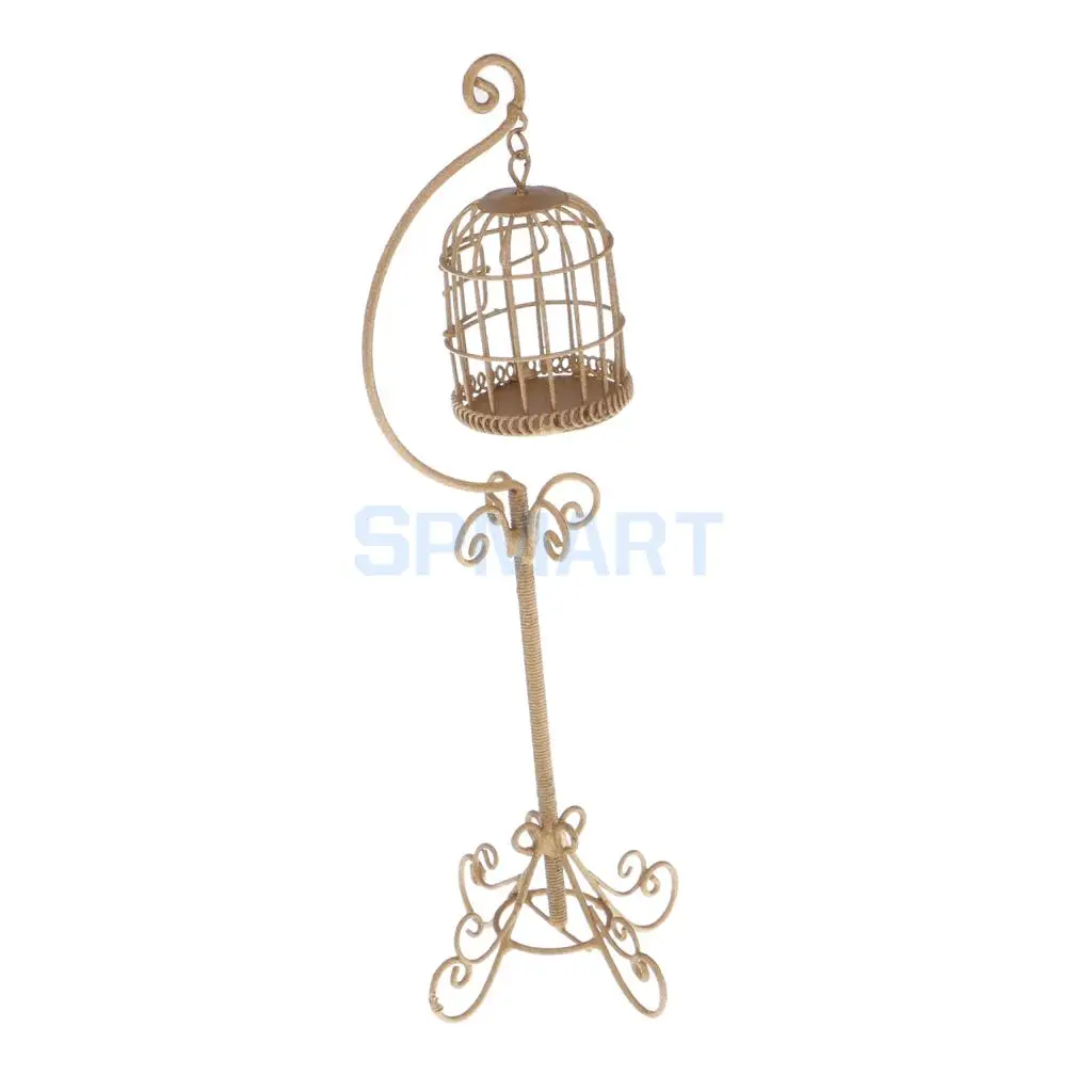  1:12 Scale Vintage Metal Bird Cage with Holder Stand Dollhouse Miniature for 12th Dolls House Decoration Accessories