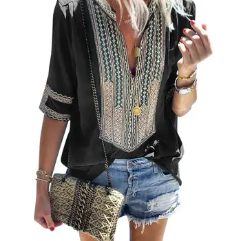 

Yfashion Women Tops Summer Large Size Blouse Ethnic Style Stripe Shirts Women V-neck Casual Shirt Top Cotton Blend Femme Blouse