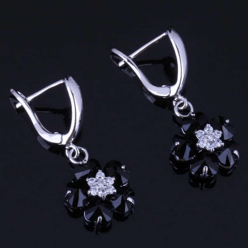 

Sweet Flower Black Cubic Zirconia White CZ Silver Plated Drop Dangle Earrings V0766