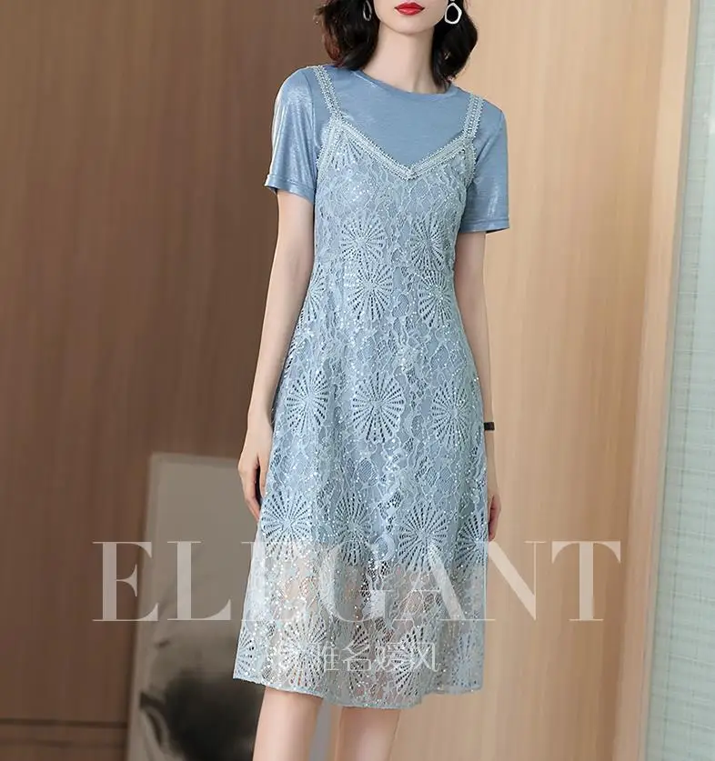 

Lace two-piece dress with suspenders 2019 new summer T-shirt dress in long style