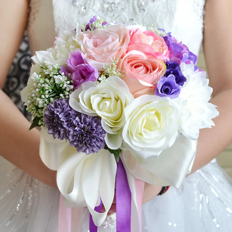 Wedding Bride Bouquet Wedding Holding Bouquet with Artificial Roses Ribbon Flower Brides Bridal Accessories Pink Purple White