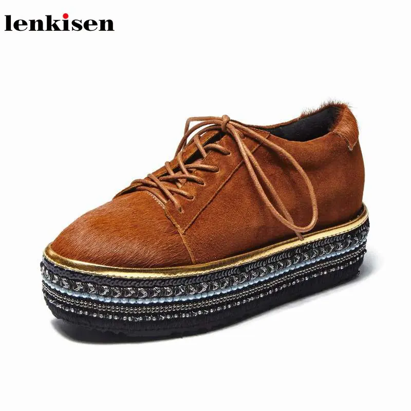

Lenkisen horsehair solid square toe European style heavy soles wedges women pumps med heels lace up handmade luxury shoes L29
