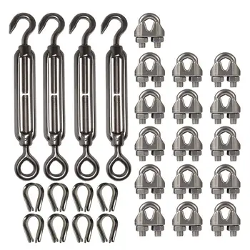 

4-Pcs Turnbuckle/Tension(Eye&Hook, M6), 16-Pcs 1/8 Inch Wire Rope Cable Clip/Clamp(M3), 8-Pcs Thimble(M3), Stainless Steel Kit