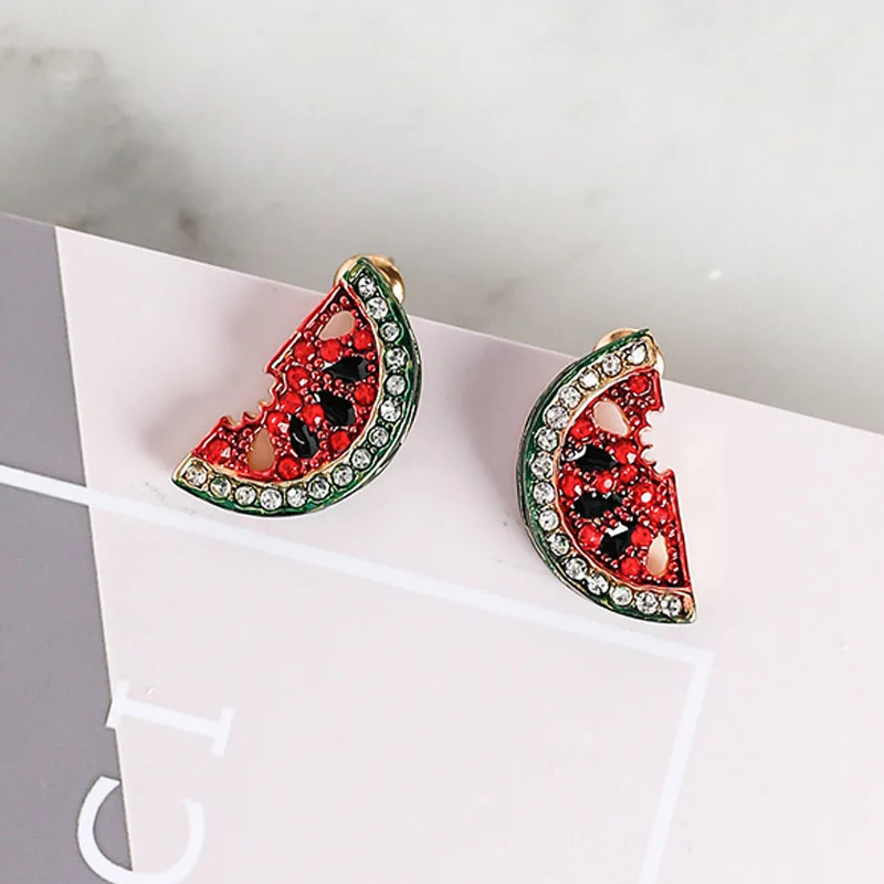

2019 Lovely Cute Small Rhinestone Strawberry Watermelon Fruit Stud Earrings For Women Girls Wedding Party Charm Jewelry Brinco