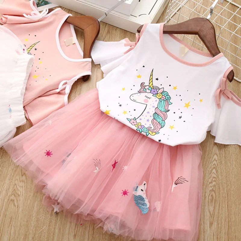 

Girls Clothing Sets 2019 Summer Cute Princess Girl Cartoon T-shirt + Quilted Umbrella Dress 2PCS Set Clothing For 3-7Y