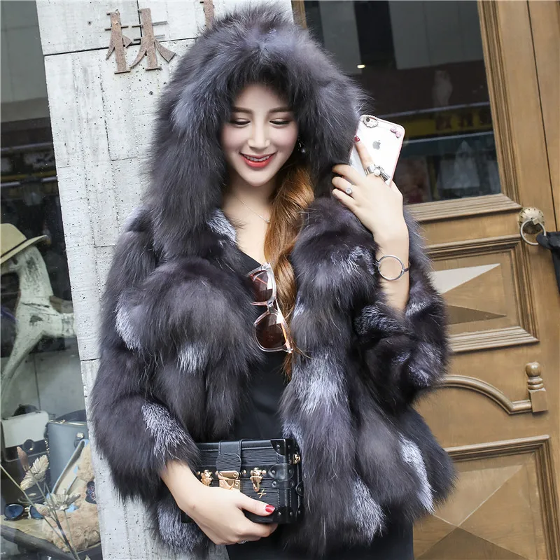 New full size fox fur short section fur coat ladies thicker warm coat leather belt cap