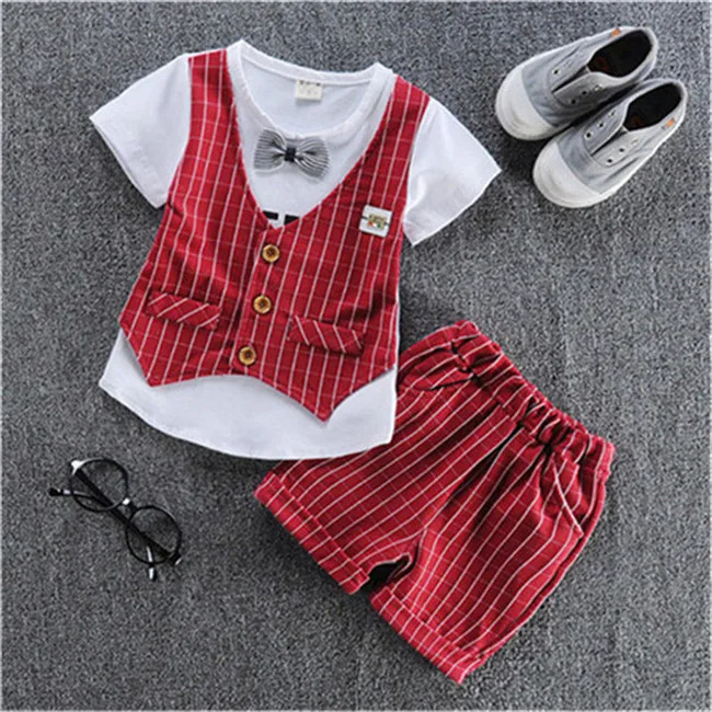 Estate abbigliamento per bambini nuova moda 1-2-3-4 anni ragazzo manica corta a due pezzi vestito piccolo gentiluomo - Цвет: Красный