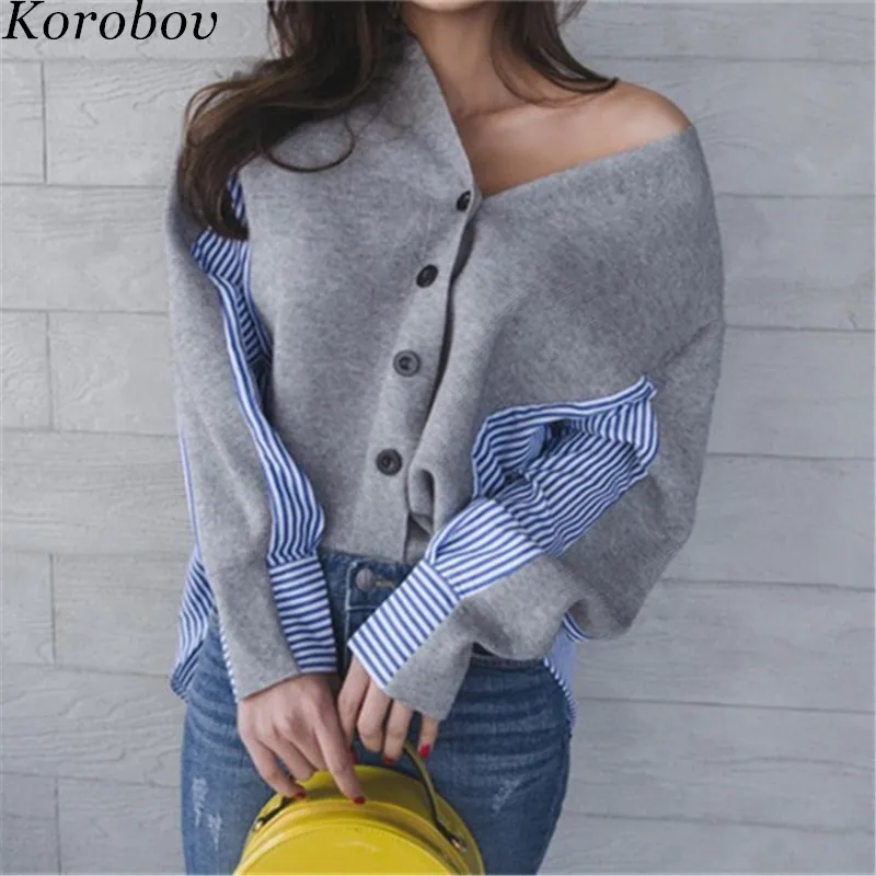 

Korobov Korean Women 2019 Sweaters Patchwork V-Neck Female Sweater Long Sleeve Single Breast Cardigan Striped Mujer Sueter 76268