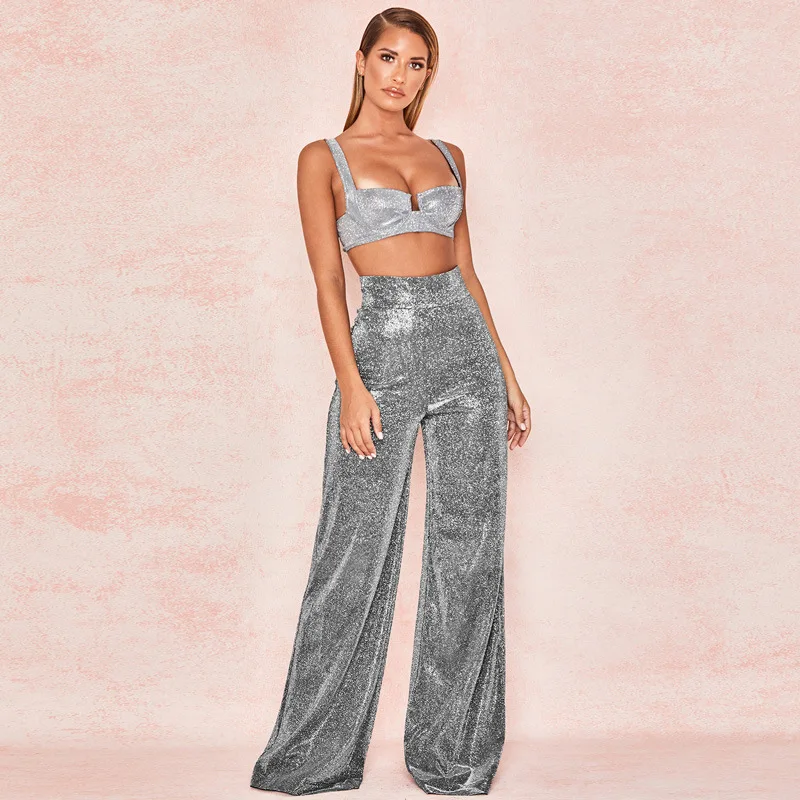 

Women Sexy High Waist Wide Leg Pant Zipper Loose Silver Wire Shiny Trousers Nightclub Party 2019 New Casual Pant
