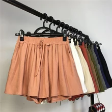 Новинка, летние однотонные свободные хлопковые льняные шорты для женщин, эластичные шорты с высокой талией и широкими штанинами, повседневные тонкие женские шорты OL Mw318