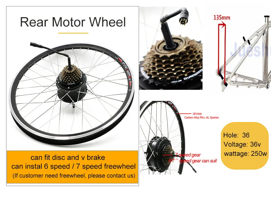 Excellent Electric Bike Conversion kit with 36v Rear Hub Motor Bicycle Ebike Kit for 20" 26" 700C Brushless Grear Wheel for Electric Bike 4