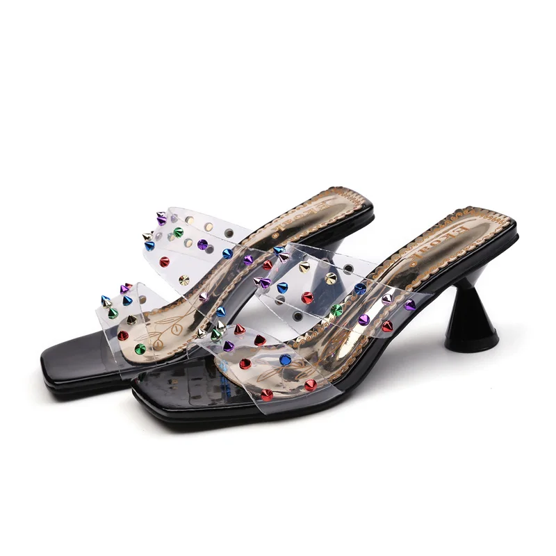 Ekoak/женские босоножки на высоком каблуке; женская летняя обувь для вечеринки и свадьбы; женские модные прозрачные сандалии с заклепками - Цвет: Black