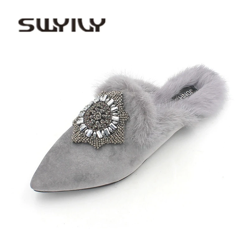 SWYIVY Beading Woman Flats Mulers Shoes Half Slippers 2019 Spring Comfortable Fur Casual Shoes Pointed Toe Lady Flats Shoes Grey