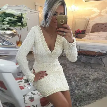 

Lace Sexy V Neck Womens Dresses Party Dress with Pearls Long Sleeves Mini Formal Prom Gowns Robe de prom Dress