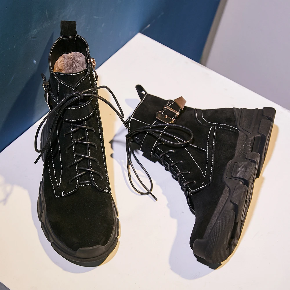 Meotina Women Motorcycle Boots Cow Suede Buckle Flat Platform Ankle Boots Genuine Leather Zipper Short Shoes Female Size 34-39