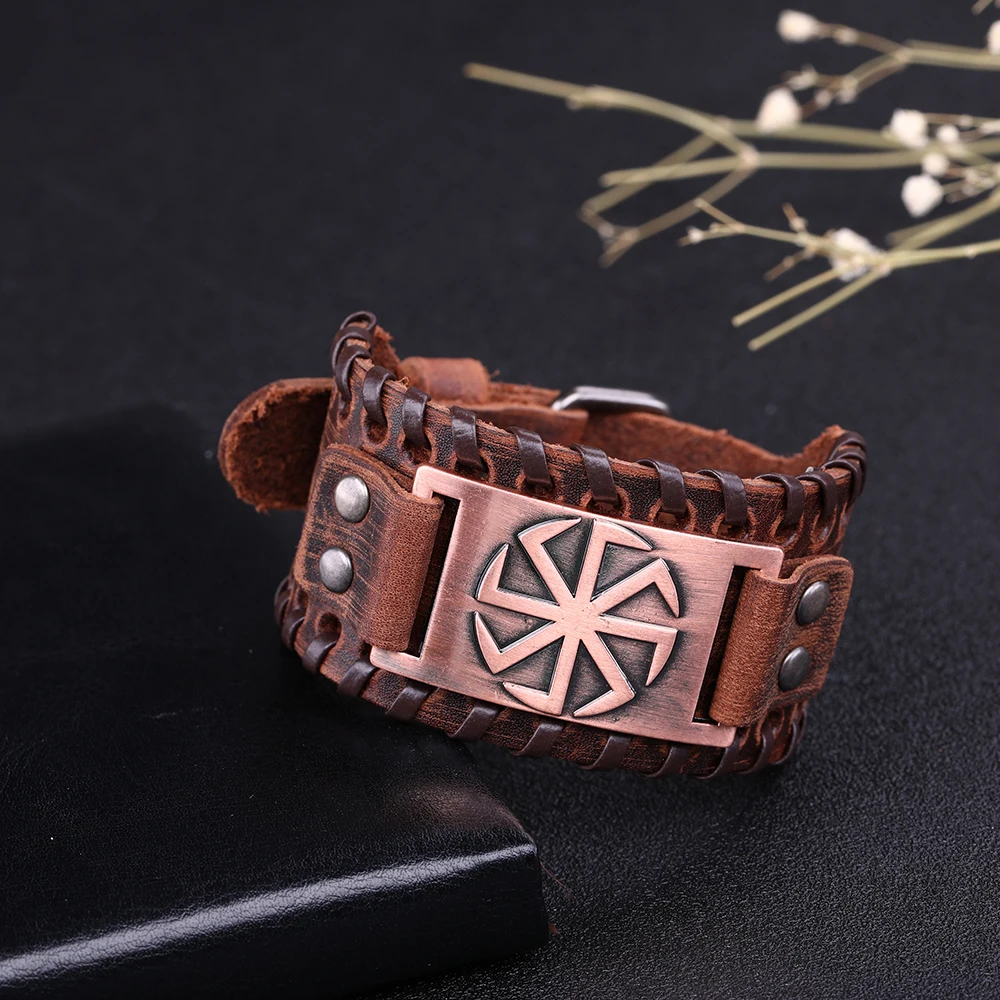 LIKGREAT Slavic Sun Wheel Kolovrat Talisman Charm Bracelets Leather Wrap Cuff Bracelet for Man Women Wicca Jewelry Accessories